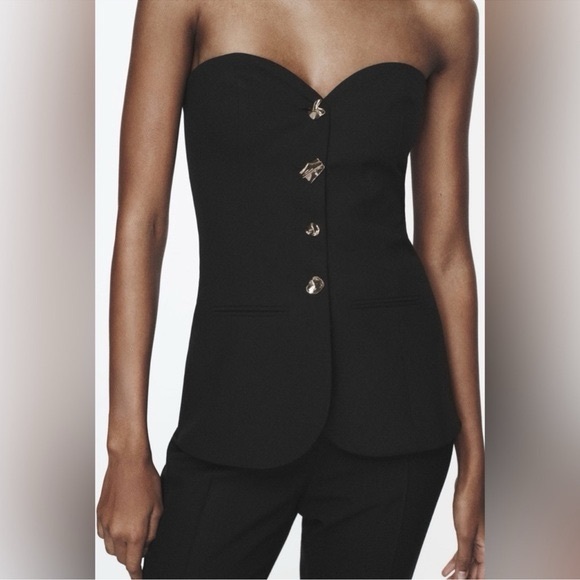 NWT ZARA TWO-PIECE FLARED JUMPSUIT BLACK STRAPLESS - Picture 3 of 16